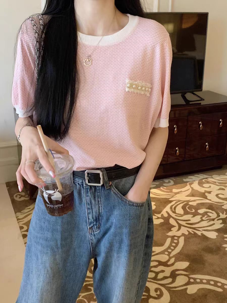 大碼胖MM夏季新款冰絲針織短袖T恤女小香風正肩chic甜美上衣