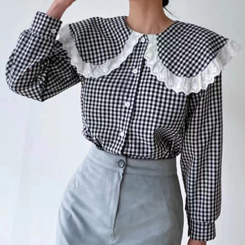 Korean Spring Plaid Contrast Color Small Fresh Temperament Slimming Korean Dongdaemun Age Reduction Versatile Doll Lapel Shirt Trendy