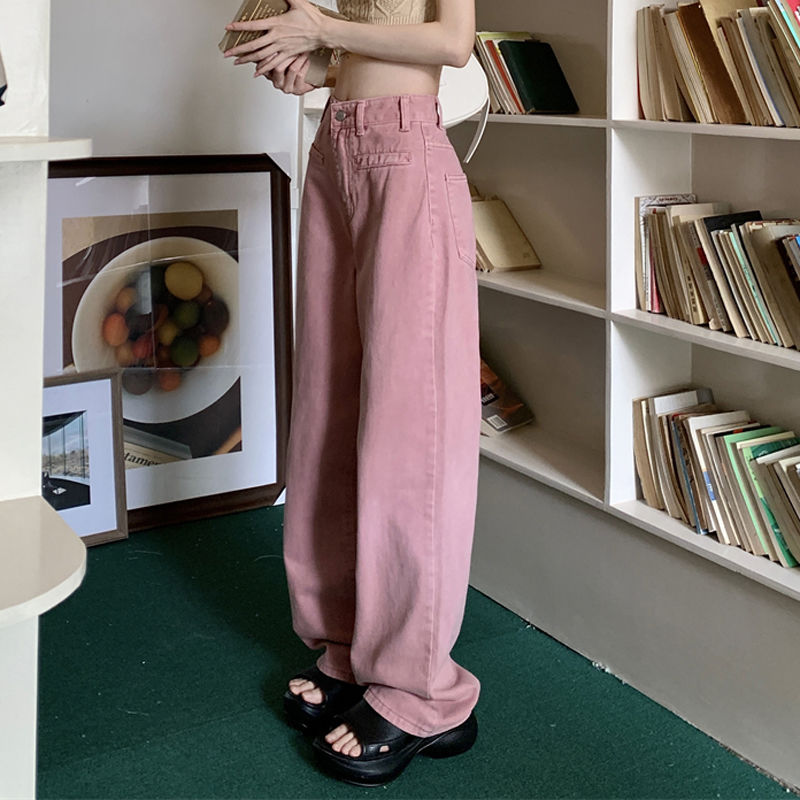 2024 Spring and Summer Korean Style High Waist Dirty Pink Straight Jeans Women's Large Size Fat MM Loose Wide Leg Pants Trousers