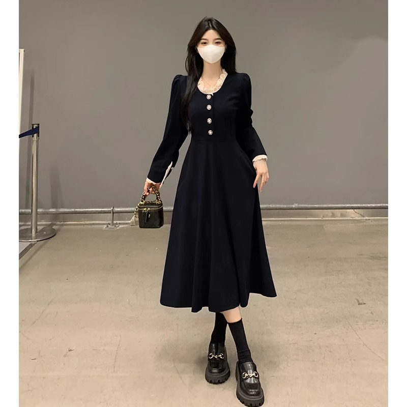 Spring and Autumn Long Skirt 2024 New Xiaoxiang Hepburn Style Complete Suit New Chinese Women's Black Inner Dress