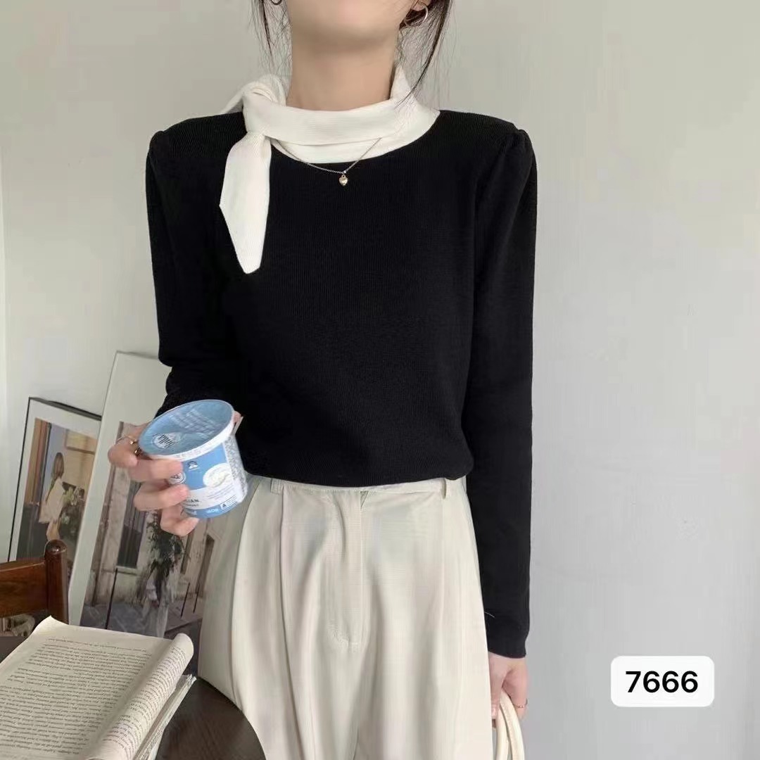 2024 Spring New Style Korean Style Puff Sleeve Contrast Color Inner Sweater Thick Bottoming Women's Top