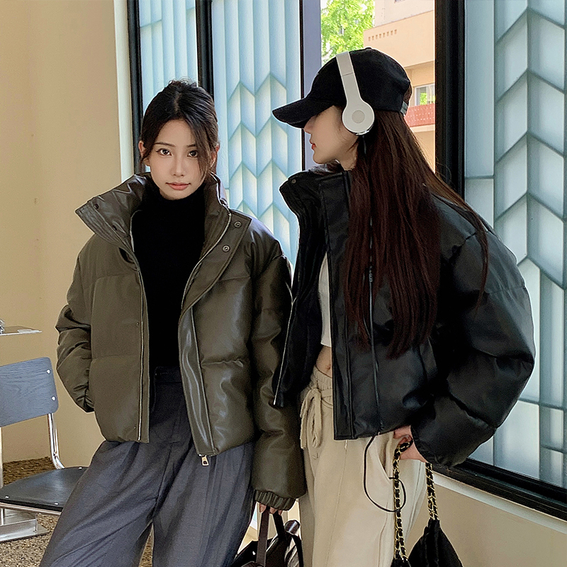 Actual shot - American retro no-wash PU leather cotton jacket for women winter short bread jacket