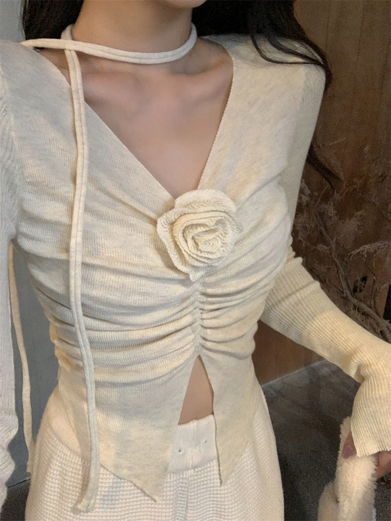 Pure lust hottie sexy v-neck halter top women's small fragrant style slit long-sleeved sweater fishbone bottoming shirt inner wear