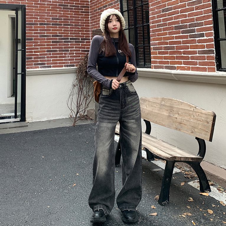 實拍2024早春高街美式重工水洗直筒牛仔褲復古寬鬆做舊牛仔褲