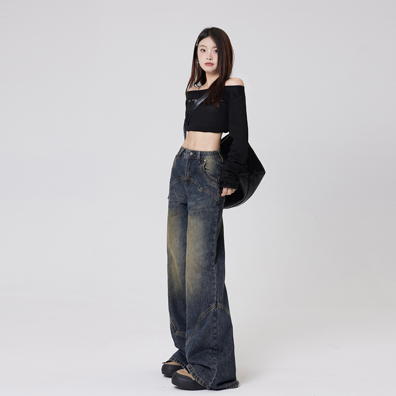 實拍2024早春闊腿寬鬆垂感層次拼接設計牛仔褲女