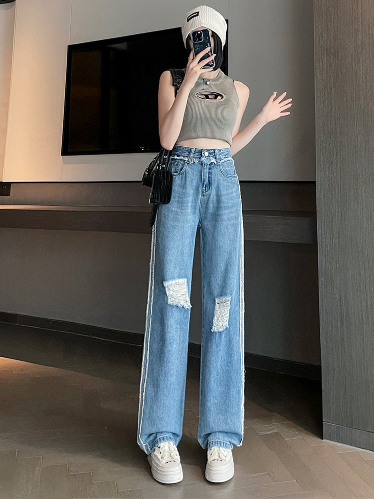 實拍2024早春時尚潮流高腰闊腿直筒復古牛仔褲女