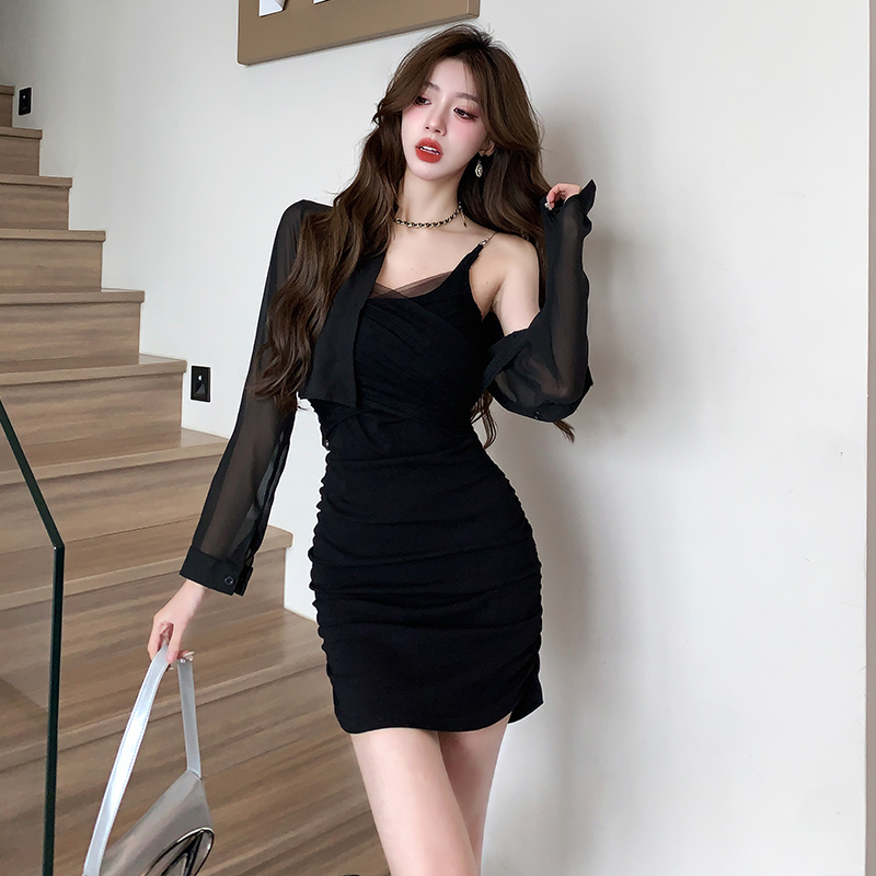2024 Spring and Summer New Black Hot Girl Sling Dress Pure Desire Mesh Hip Cover Skirt + Sun Protection Cardigan Two-piece Set