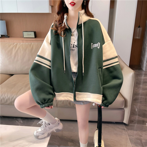 Actual shot of beaded ground floor 250g sweatshirt 25 cotton 75 polyester large size women's mid-length loose jacket