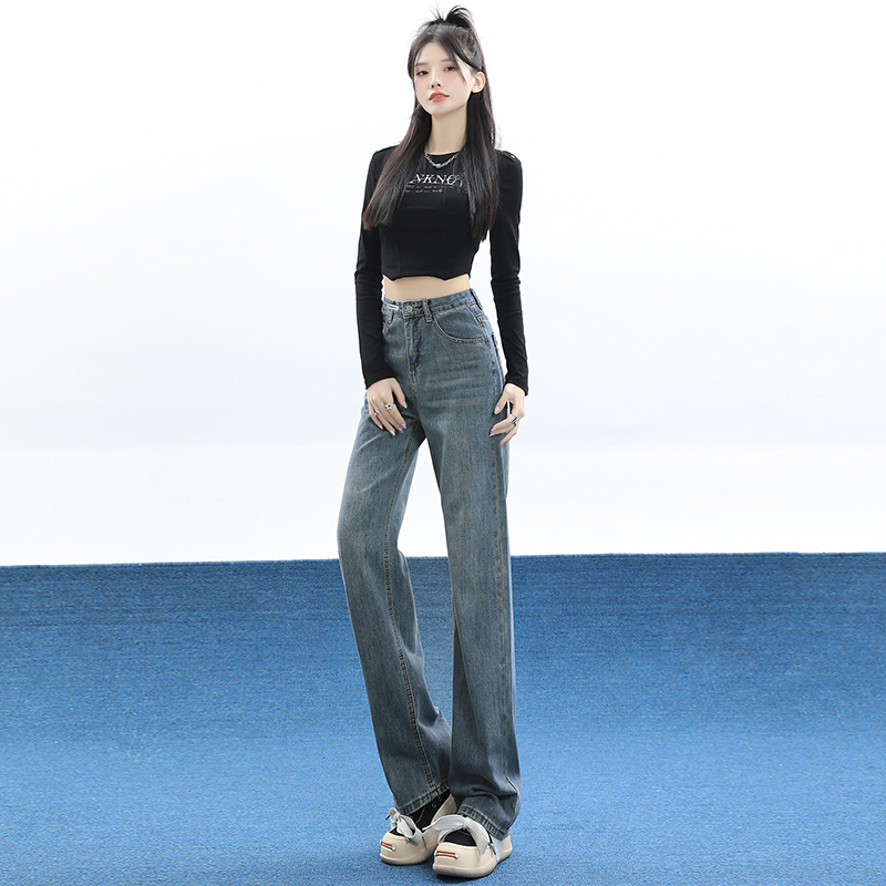實拍2024早春復古闊腿牛仔褲女寬鬆高腰窄版直筒毛邊長褲