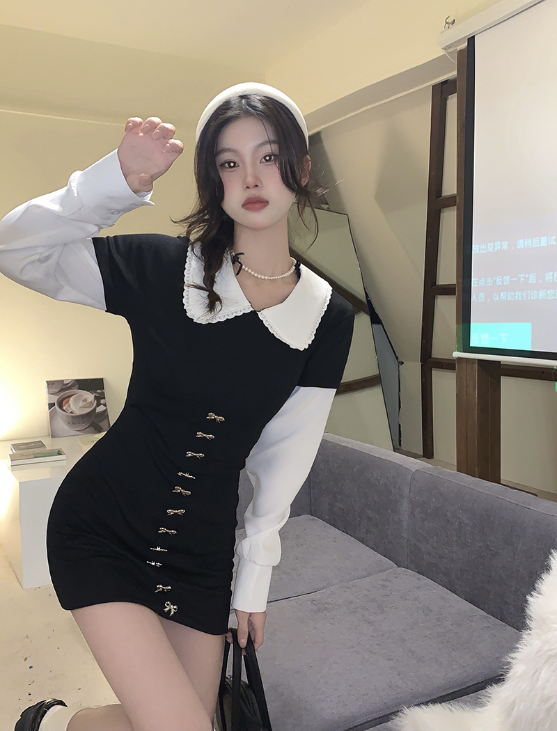 Real shot of three standard Qi Hepburn sweet and spicy style college doll collar shirt dress small fake two-piece dress