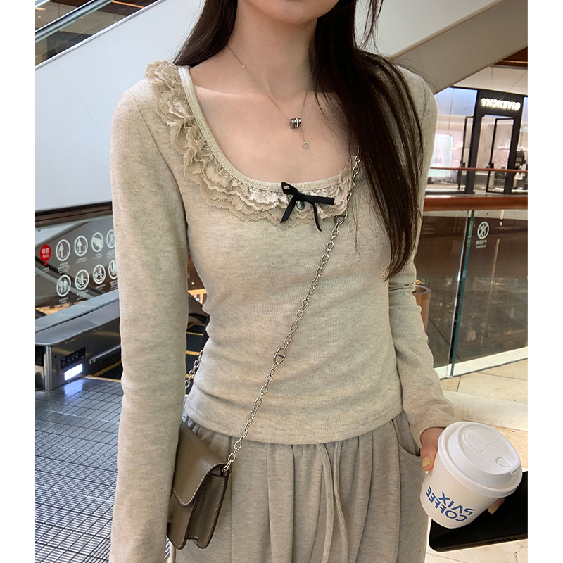 Real photos of oatmeal color sweet slim design lace round neck sweater comfortable top for women