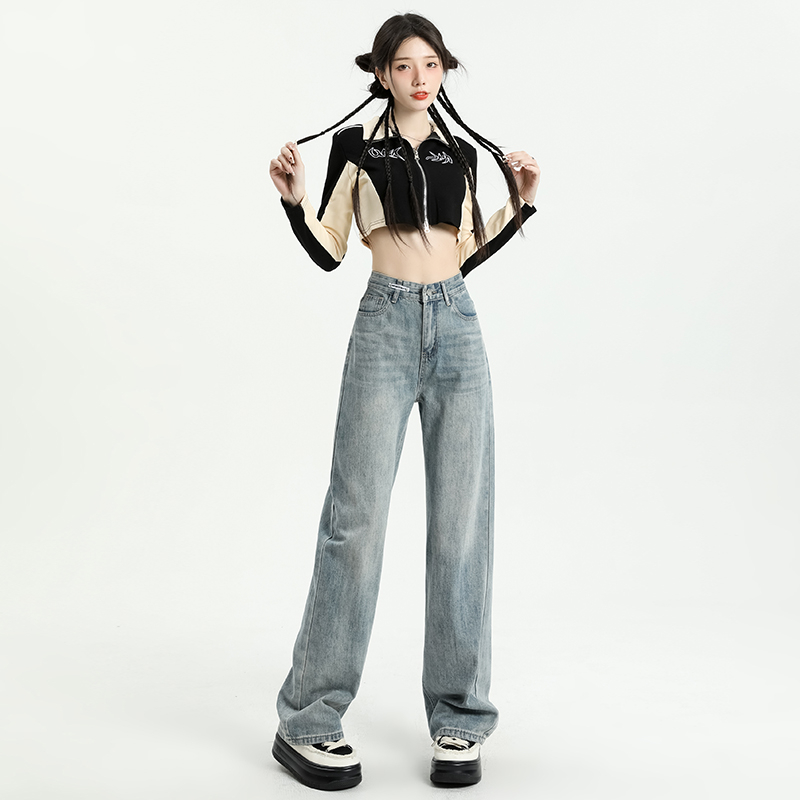 實拍2024早春拖地褲闊腿褲牛仔褲女