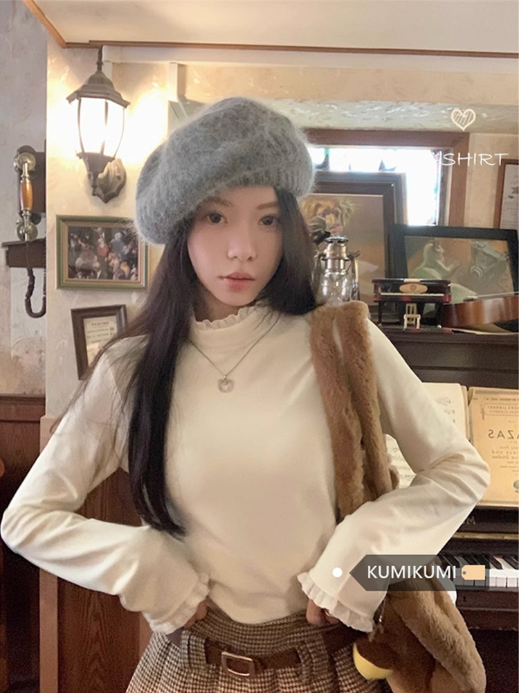 蕾絲花邊拼接長袖半高領T恤女裝冬季修身打底衫百搭上衣