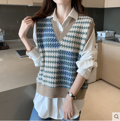 Spring women's clothing 2024 new V-neck knitted vest waistcoat houndstooth contrasting loose sweater vest outer wear