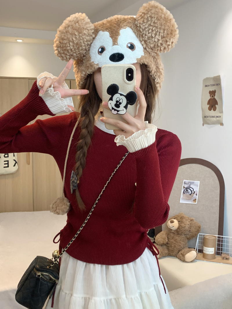 實拍 韓版木耳邊圓領溫柔甜美淑女氣質打底衫女冬季內搭針織