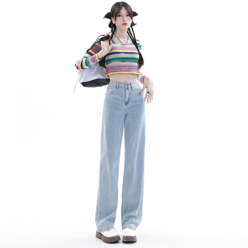 實拍2024早春毛邊闊腿牛仔褲子女顯瘦復古寬鬆直筒拖地褲
