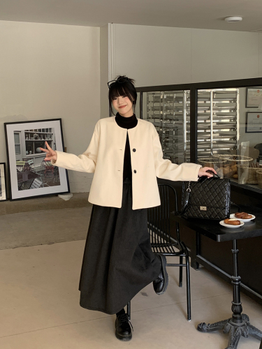 Actual shot of three standard Xiaoxiangfeng double-sided cashmere wool coat high collar slim bottoming shirt skirt suit