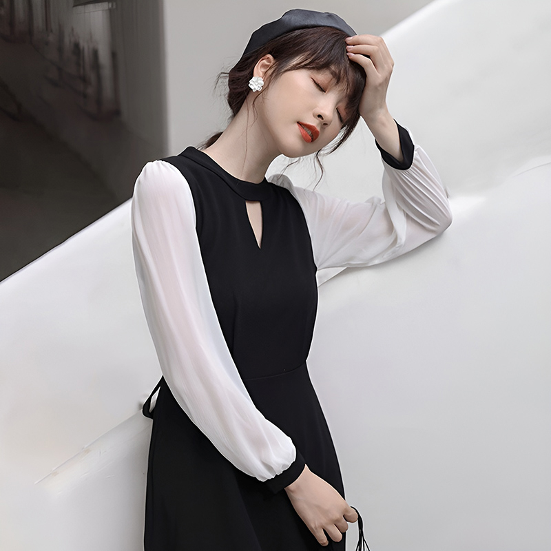 赫本風長袖連衣裙新款春季收腰顯瘦氣質小黑裙子女洋氣輕熟中長款