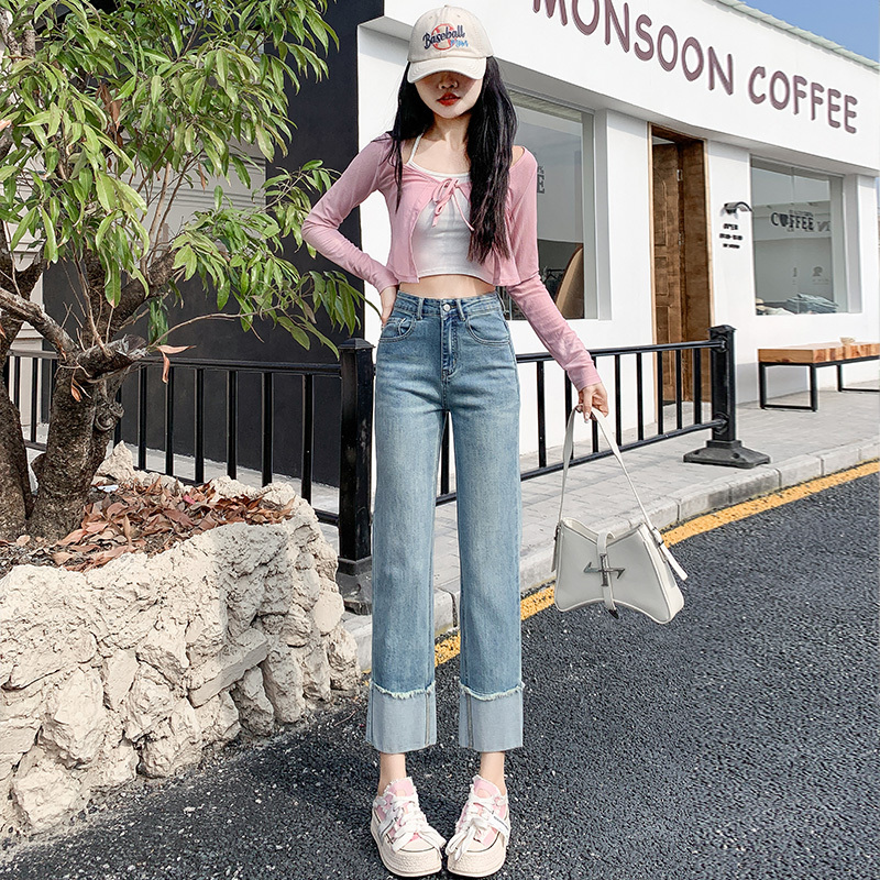 實拍~淺藍色牛仔直筒九分褲女2024春季新款褲腳卷邊後袋壓膠褲子