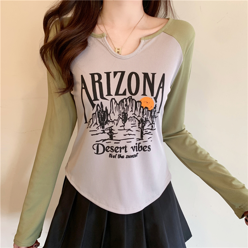 Real shot of long-sleeved inner short letter printed top t-shirt for women in autumn and winter new v-neck all-match bottoming shirt