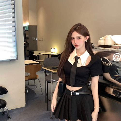 學院風polo領假兩件短袖領帶襯衫女冬季純欲熱辣妹性感短款小上衣