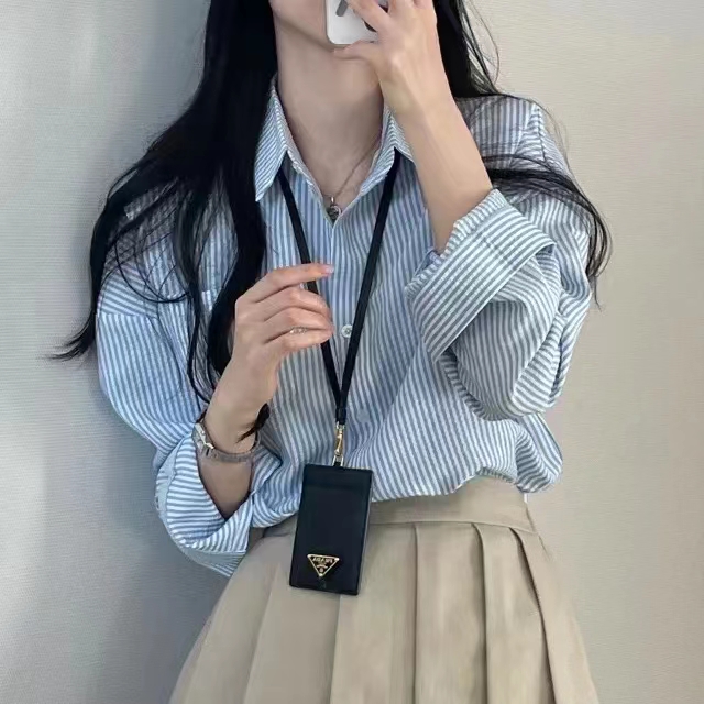 !  Korean chic blue shirt retro loose lazy striped long-sleeved top shirt chic top