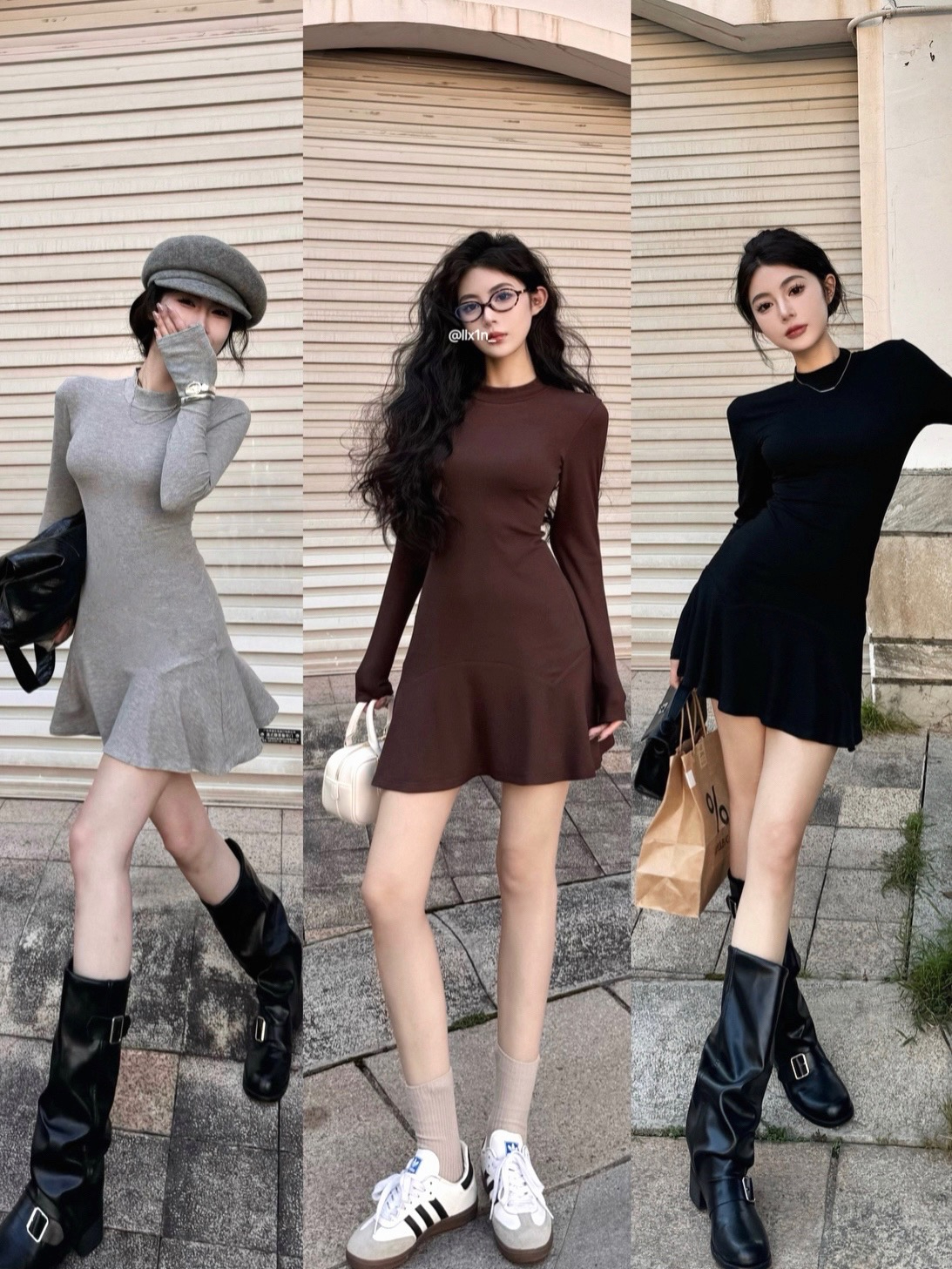 Black temperament half turtleneck dress for women winter new style waist tight long sleeves with bottoming A-line short skirt