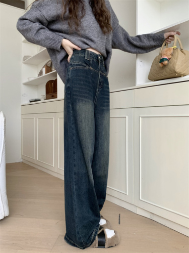 Actual shot of early spring new Korean style high-waisted loose slimming straight long jeans for women