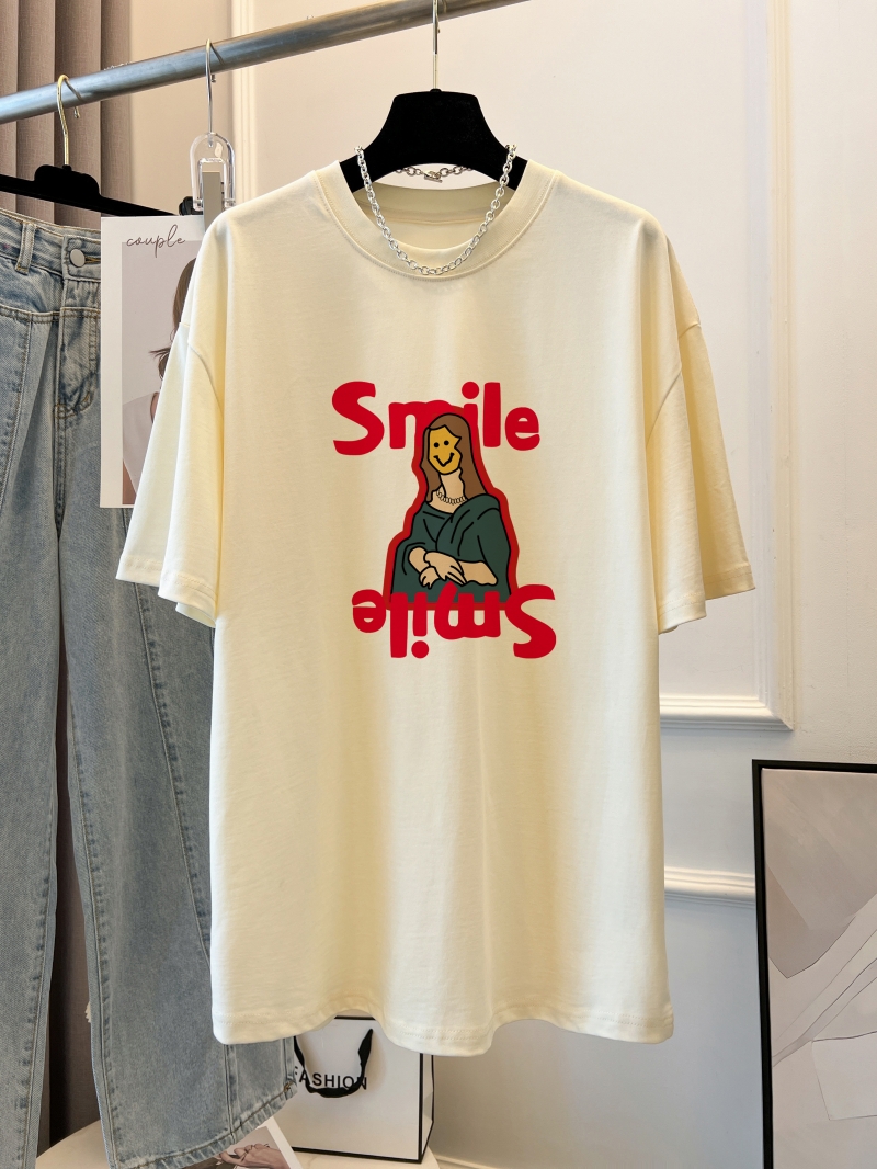 Actual shot - Cross-border - 100% cotton combed cotton printed summer short-sleeved T-shirt women's loose Korean style