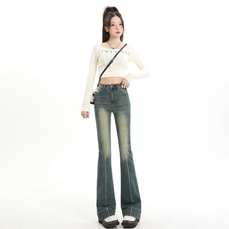 實拍2024早春美式復古設計款寬鬆闊腿褲辣妹喇叭牛仔褲女
