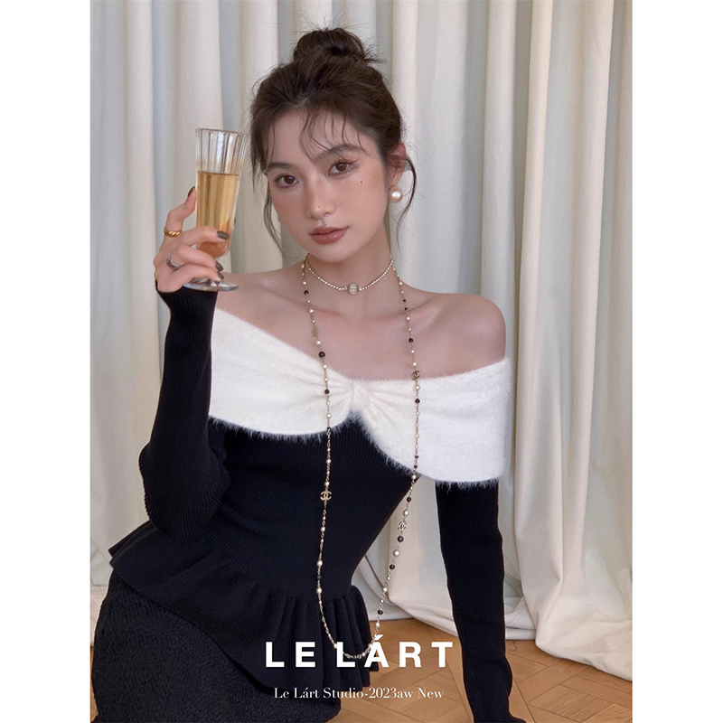 Quality winter design kink atmosphere one-shoulder sweater French gentle ruffled sweater for women