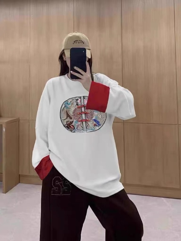 Chinese style long-sleeved T-shirt for women European goods 2024 spring new style round neck embroidered loose retro casual bottoming top trendy