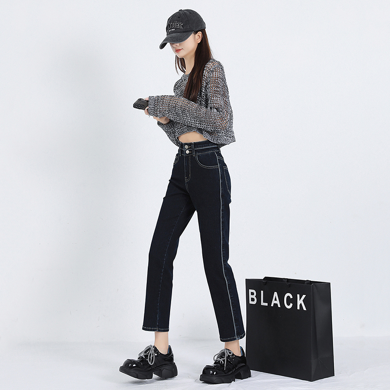 實拍2024早春高腰顯高顯瘦直筒牛仔褲女長褲小個子九分煙管褲