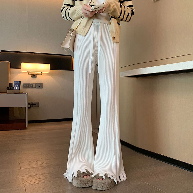 2024 Spring and Autumn Thickened Tassel Boot-cut Pants Soft Waxy Knitted Pants High-waisted Drawstring Elastic Waist Floor-length Horseshoe Pants