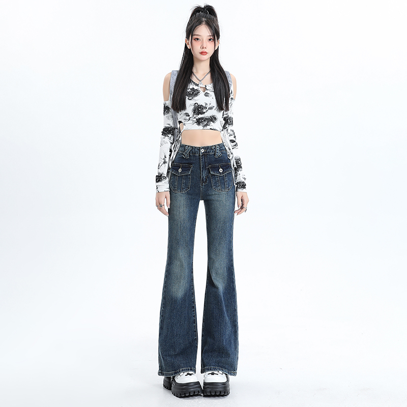 實拍2024早春復古高腰微喇牛仔褲女新款辣妹修身拖地褲