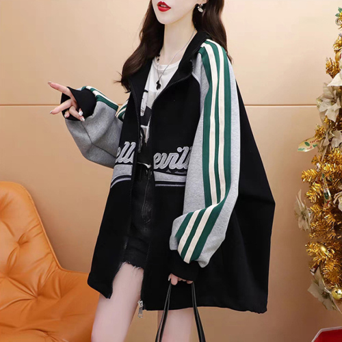 280g twill autumn thin stand collar sweatshirt loose mid-length coat for women