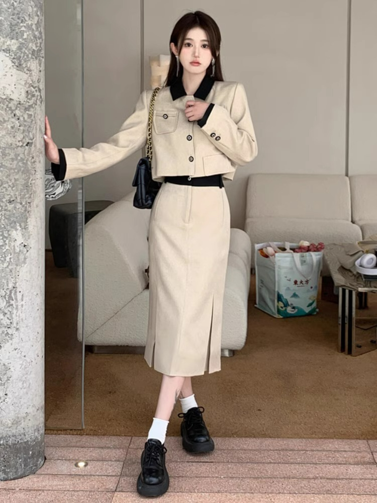 High-end temperament, small fragrance, salt style, light and sophisticated suit skirt, women's autumn plus size new slim casual two-piece set