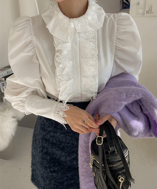 韓國春季新款法式簡約風復古宮廷風減齡花邊鏤空顯瘦長袖女士襯衫