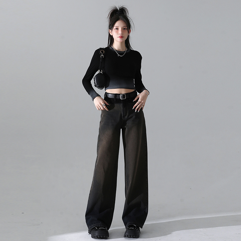 實拍2024早春美式復古拼接闊腿牛仔褲寬鬆辣妹垂感拖地牛仔褲