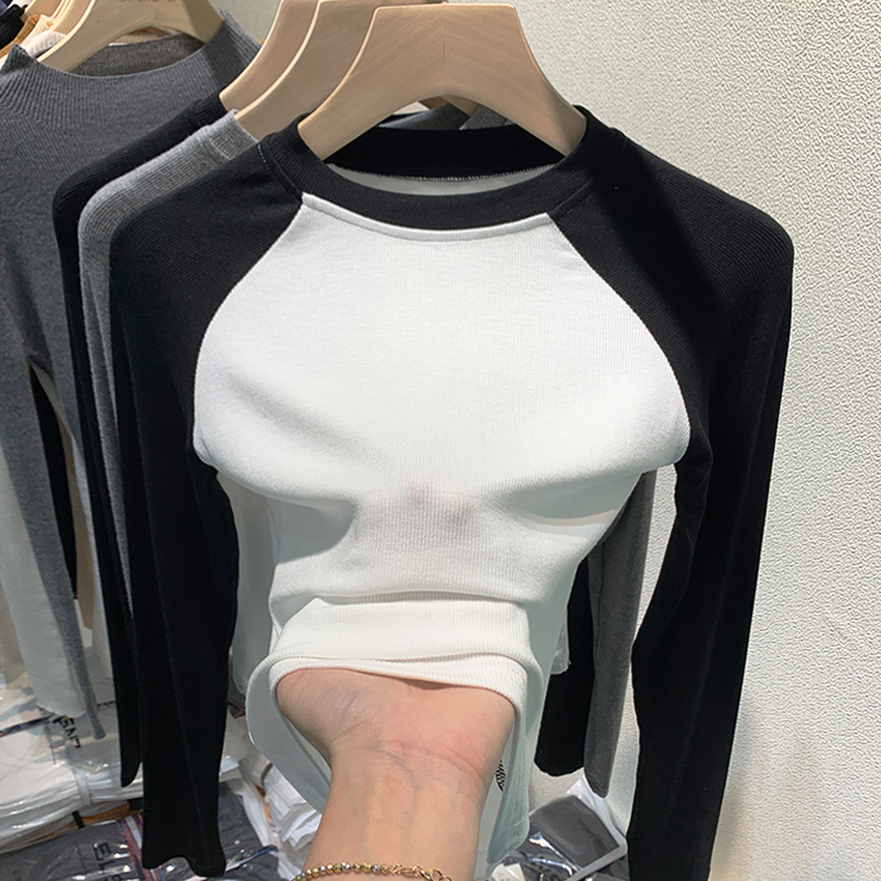 打底衫女內搭秋季2024年新款插肩袖撞色設計感短款上衣長袖t恤女