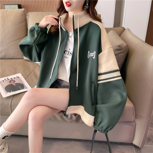 Actual shot of beaded ground floor 250g sweatshirt 25 cotton 75 polyester large size women's mid-length loose jacket