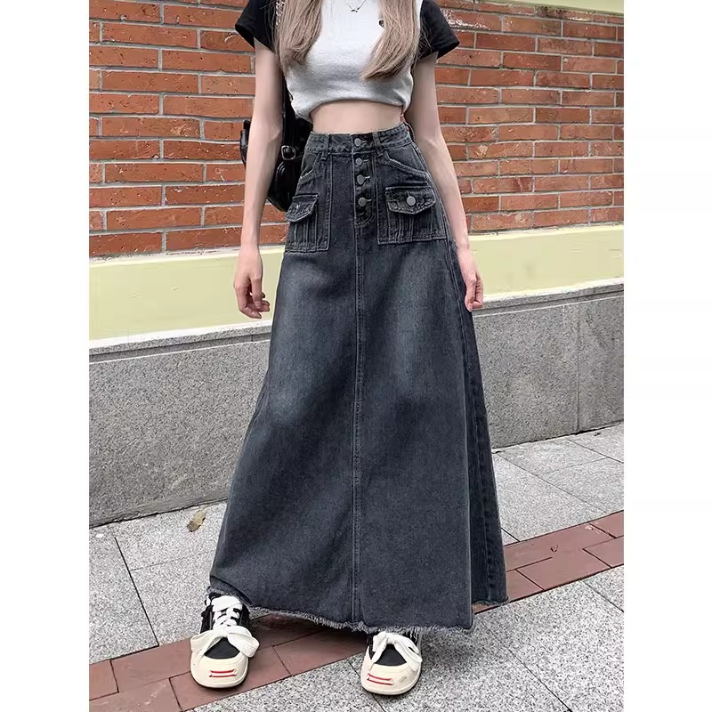 2024 Spring and Summer Retro Denim Skirt with Raw Edges for Women Plus Size Fat MM High Waist A-Line Mid-Length Hip Skirt
