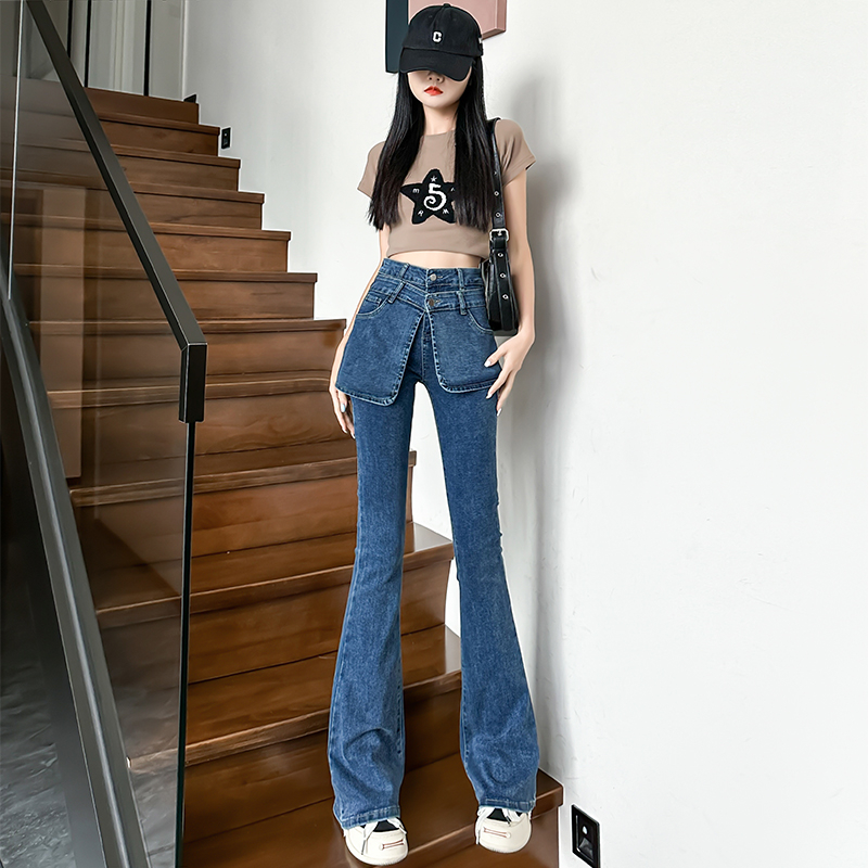 實拍2024早春時尚潮流雙腰頭微喇牛仔褲女闊腿微喇叭褲子
