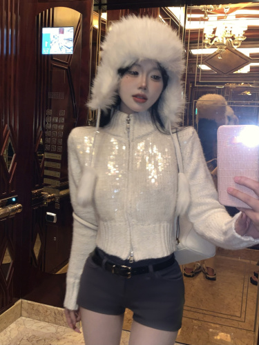 Real shot~Sunny wool sequined off-white long and short double zipper sweater