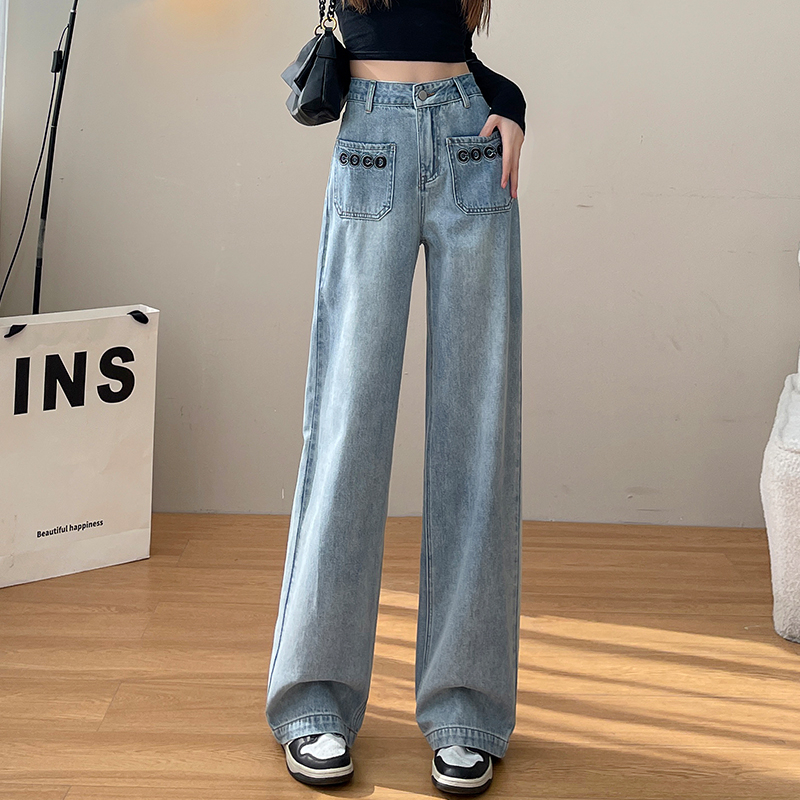 Real shot of 2024 early spring denim wide-leg pants for women, summer high-waisted loose pants, casual slimming straight legs