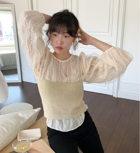 韩国东大门春季新款蕾丝波浪网纱长袖圆领气质衬衣女