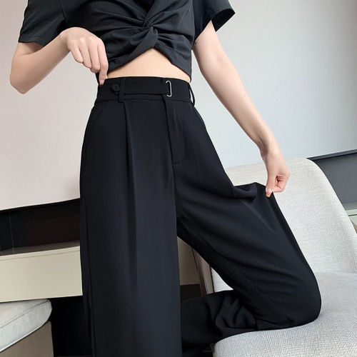 Black ice silk wide-leg pants for women in spring and summer, small high-waist suit pants, slim narrow straight-leg pants, drapey casual pants