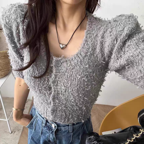 2024 new age-reducing temperament puff short-sleeved knitted cardigan square neck slim wool sweater top