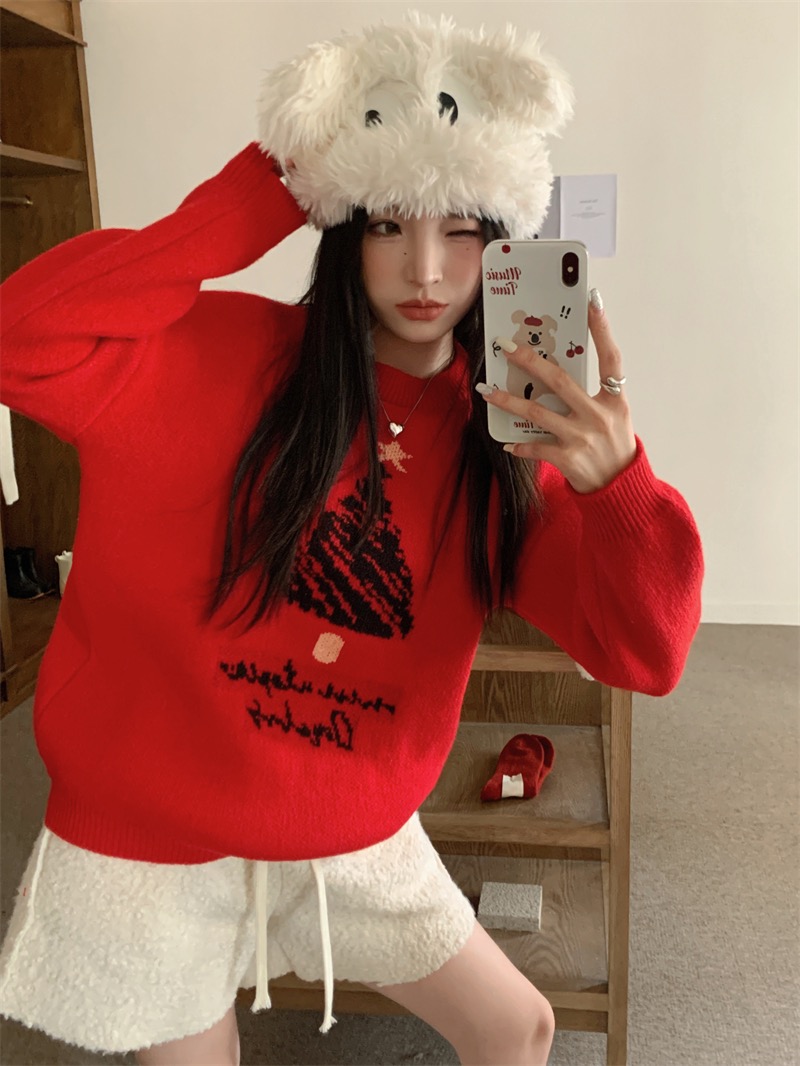 慵懶風套頭紅色毛衣女款秋冬季2024新款復古提花垂墜感針織衫上衣