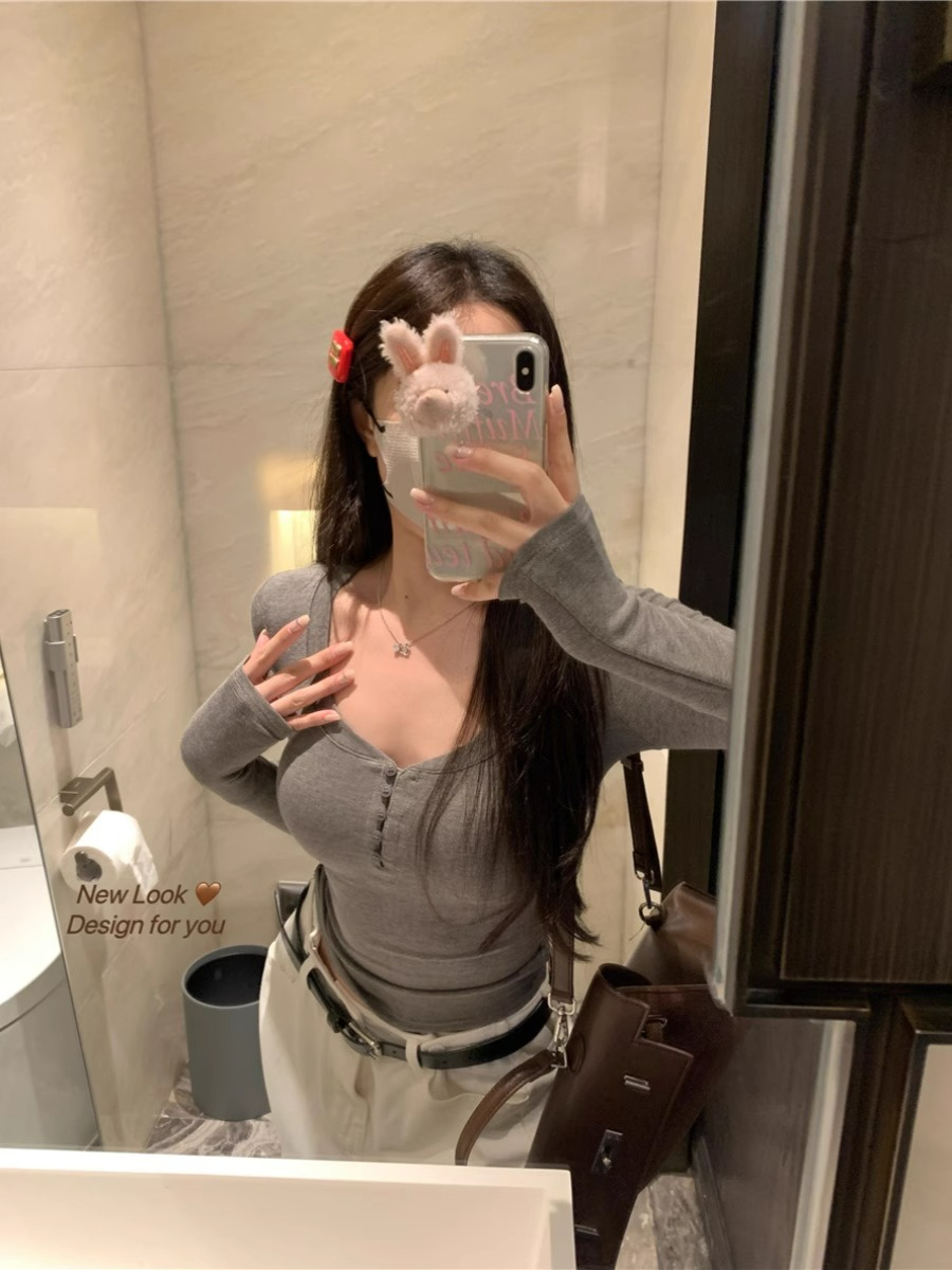 2024 Spring and Autumn Pure Desire Sexy Long Sleeve T-Shirt for Women Autumn Hot Girl Slimming Bottoming Shirt Short Versatile Top
